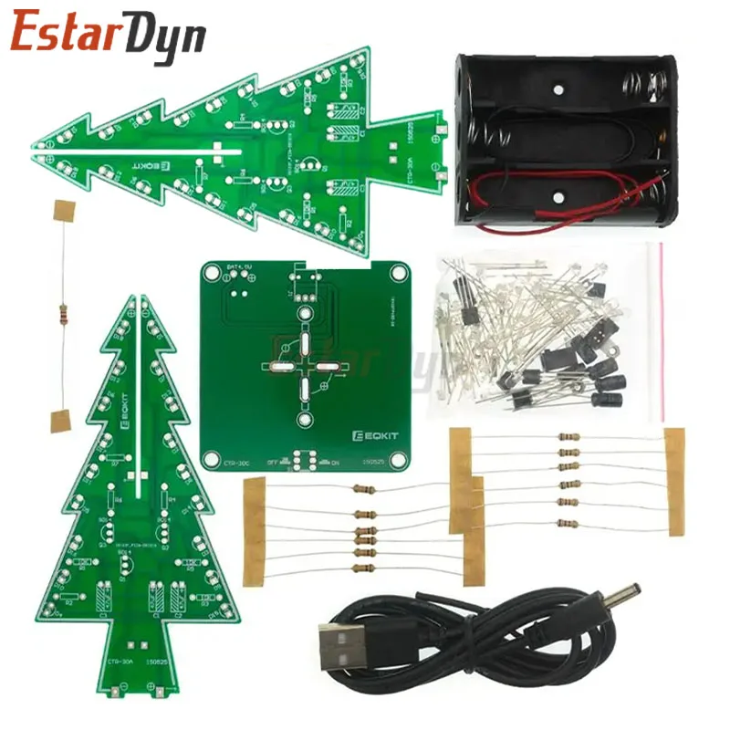 Kit de bricolaje LED de árbol de Navidad 3D tridimensional, Kit de circuito de Flash LED rojo/verde/amarillo, Suite electrónica divertida