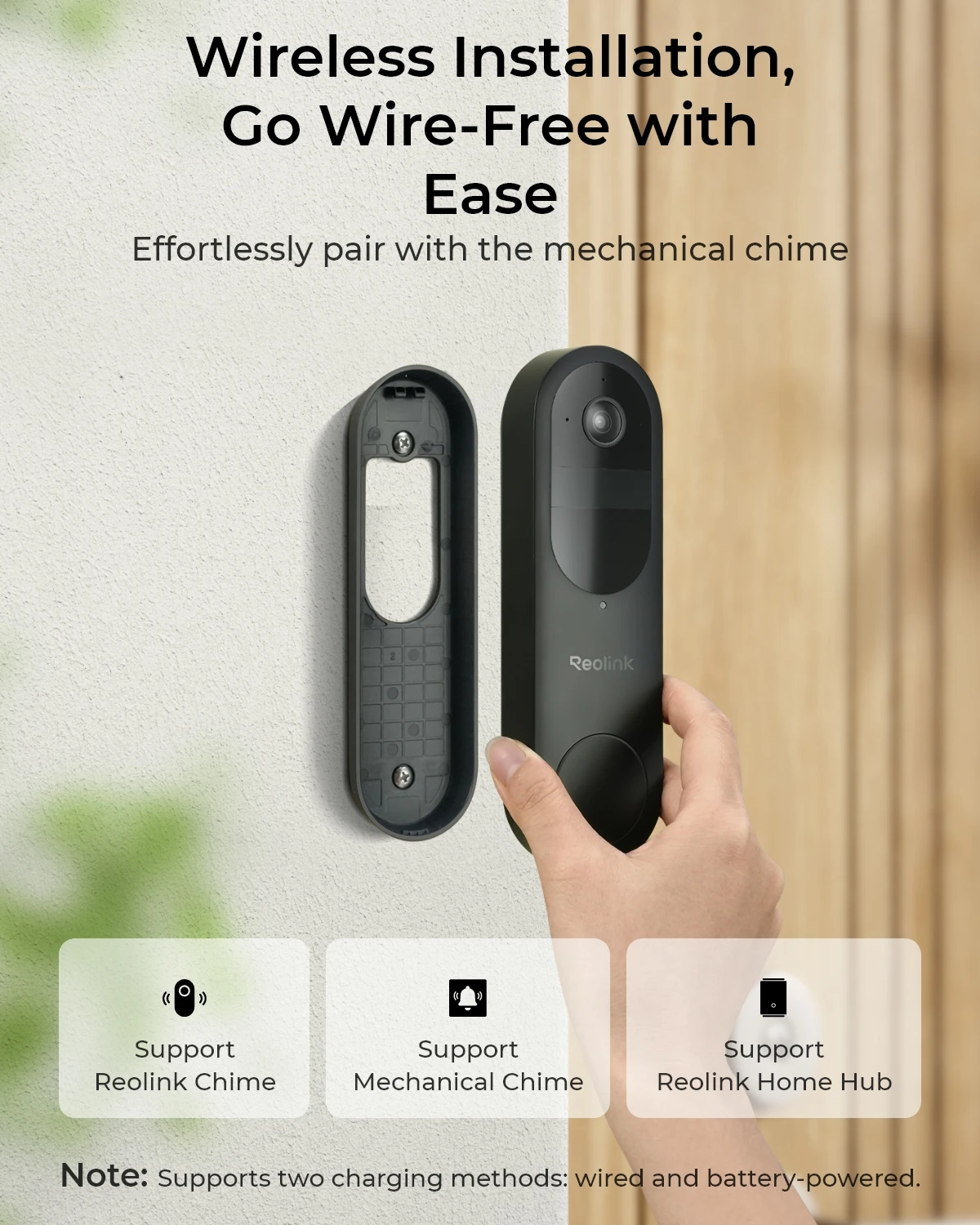 Timbre con batería Reolink 2K, timbre inalámbrico WiFi para exteriores, batería/alimentación con cable, cifrado de almacenamiento a través del concentrador doméstico, sin timbre