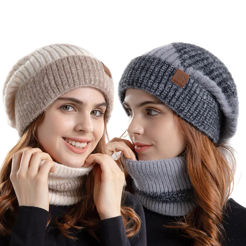 2 unids/set gorro Beannie para mujer más terciopelo grueso cálido tejido apilable jersey sombrero con protección para los oídos para Otoño e Invierno