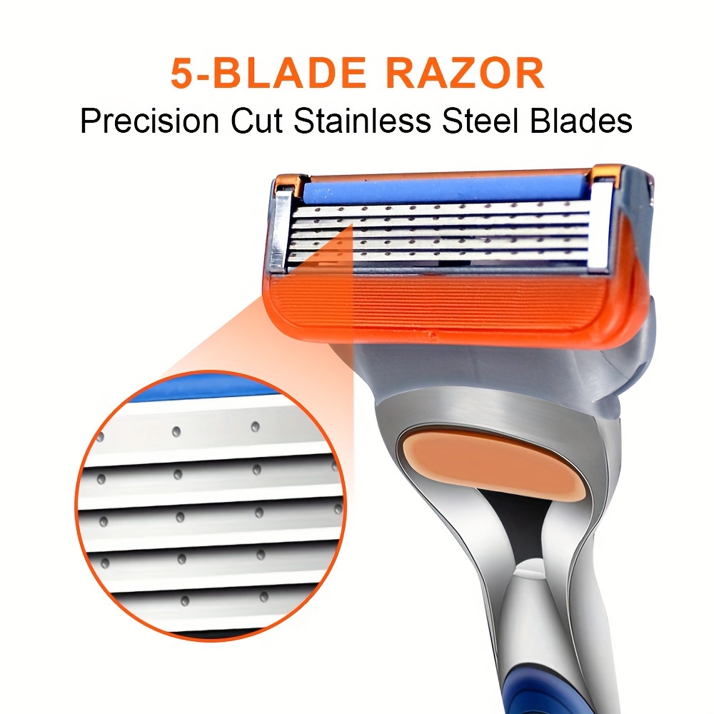5-Layer Hypoallergenic Stainless Steel Manual Razor with Washable Design, Ideal for Beard & Mustache Trimming - Blue Handle
