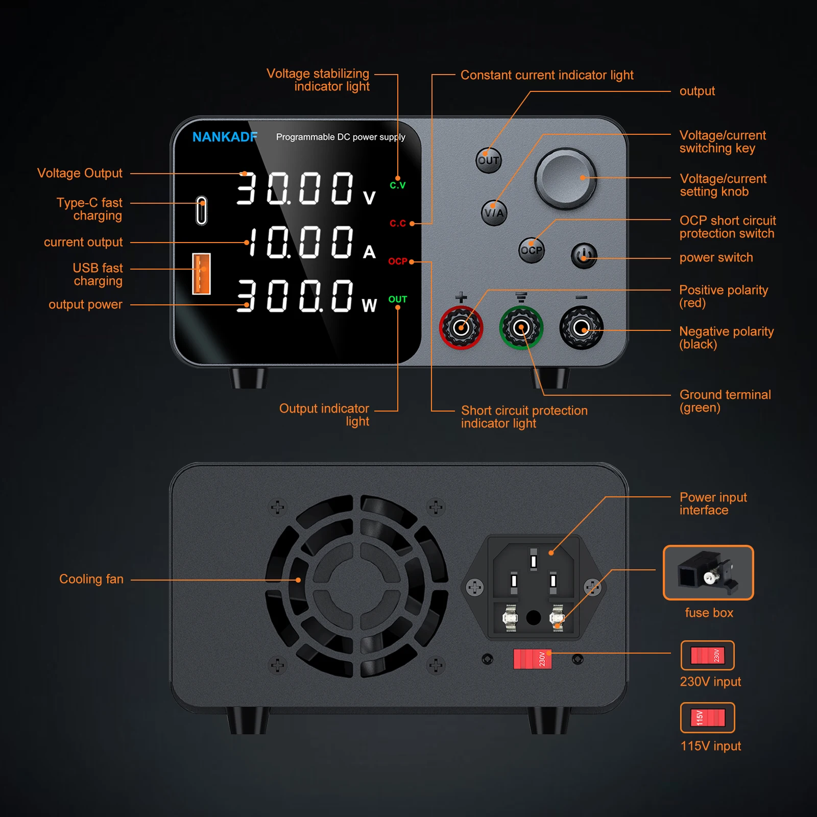 Fuente de alimentación CC ajustable de laboratorio de 30 V, 5 A, 10 A con pantalla LED de 4 dígitos; Carga rápida USB-A/Tipo-C 5 V/3.6 A con ajuste del codificador