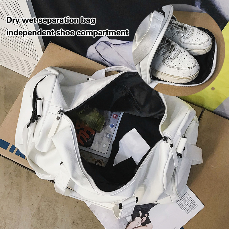 ผู้ชายยิมกระเป๋าโลโก้ที่กําหนดเองขนาดใหญ่แห้งและเปียกฟิตเนสกระเป๋าถือชายหญิงกีฬากระเป๋าบุคลิกภาพการปรับแต่งกระเป๋าเดินทางหนัง PU