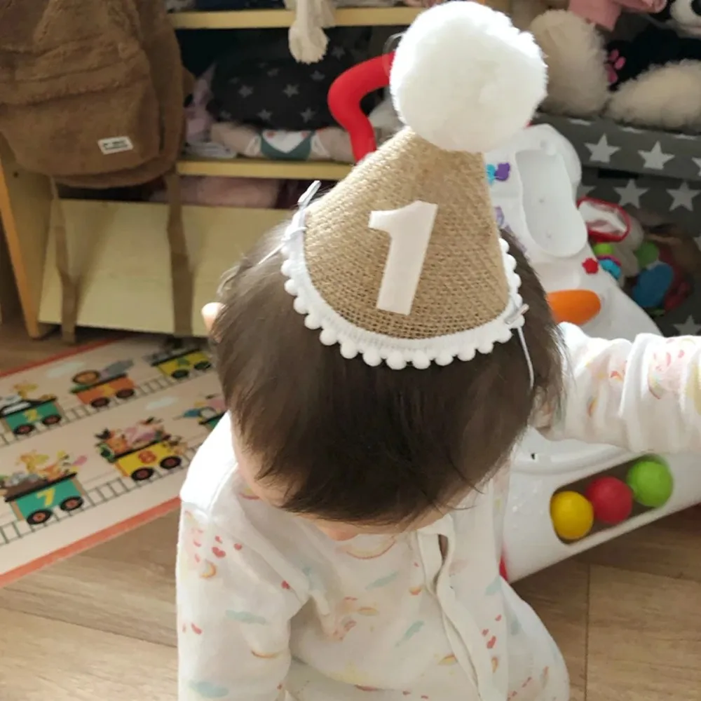 1pc 헤센 생일 모자, 아기의 첫 번째 생일 파티 리넨 펠트 모자, 1 세 샤워 모자, 파티 생일 머리띠 장식
