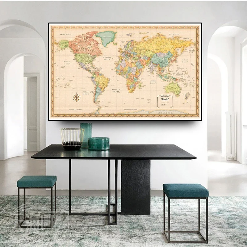 Mapa de pared del mundo de 50x32 pulgadas en inglés, pintura de tela de poliéster Vintage, póster artístico de pared, decoración del hogar, suministros escolares de oficina