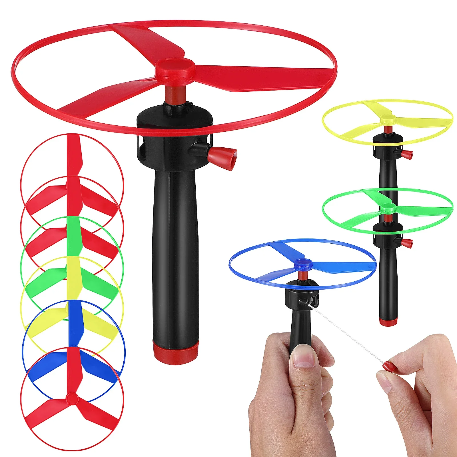 El juego de helicóptero de juguete de disco volador incluye 1 lanzador de cuerdas y 2 platillos voladores, lanzador de disco volador al aire libre, juguete de colores aleatorios