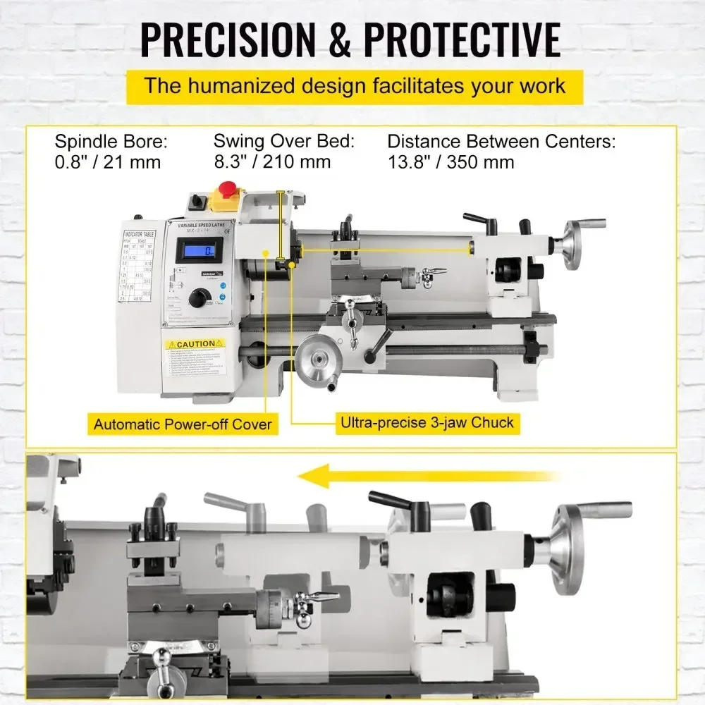 SIHAO ‌ Mini torno de Metal de 650W, 8 "x 14", 210 × 350mm, torno de precisión de velocidad Variable para torneado/perforación/roscado/fresado DIY