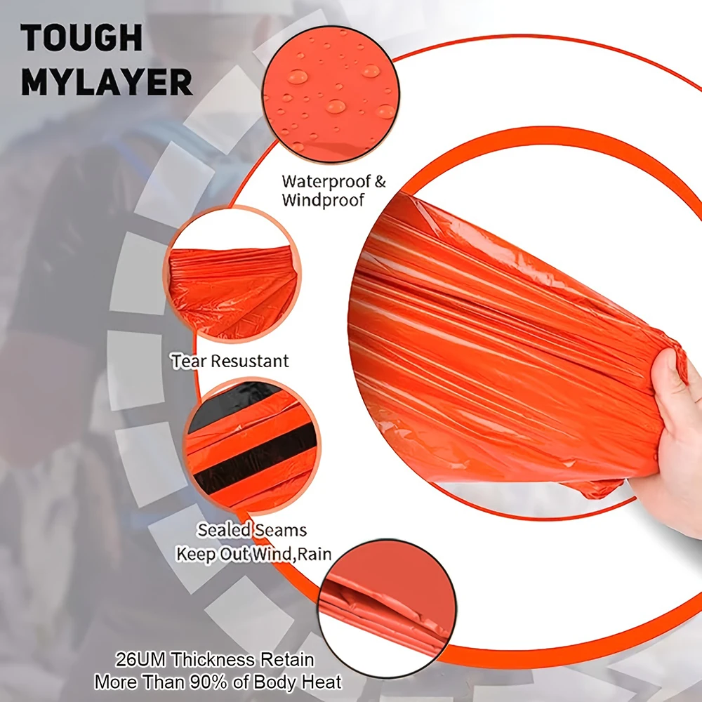 Saco de dormir portátil à prova d'água para sobrevivência de emergência, equipamento de acampamento edc ao ar livre, saco térmico, kit de primeiros socorros, cobertor mylar