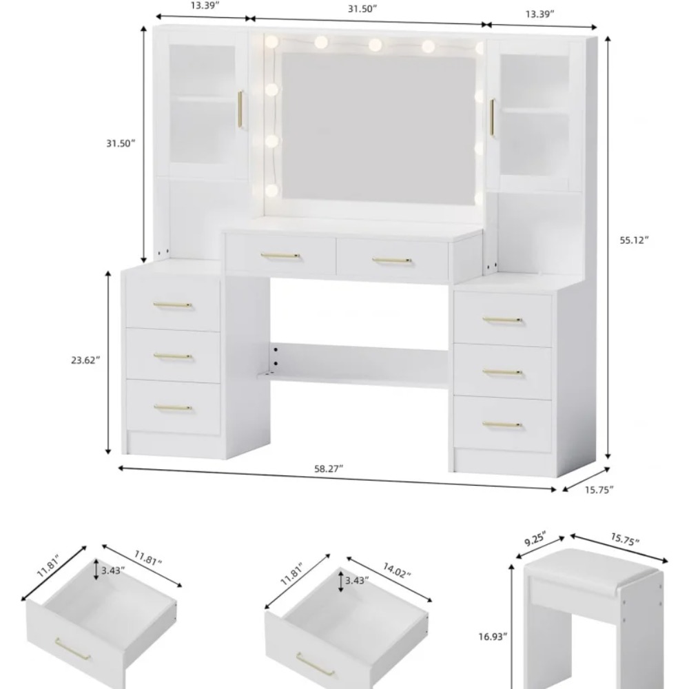 58.3" Vanity Desk with Mirror & Lights, Makeup Vanity with 10 LED Lights, 8 Metal Sliding Drawers & 2 Cabinets, White Vanity Set