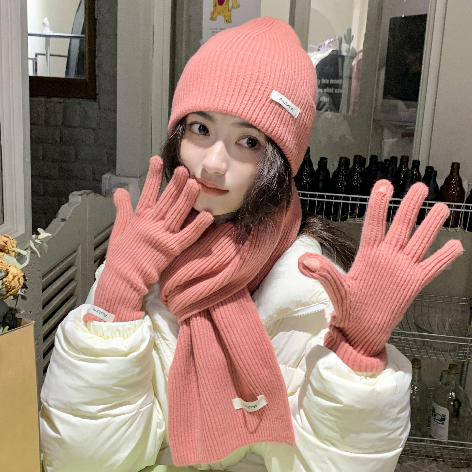 Koreanische Drei-stück Set Schals Handschuhe Frauen Herbst Winter Warme Gestrickte Hut Touchscreen Handschuhe Einfarbig frauen Handschuh sets