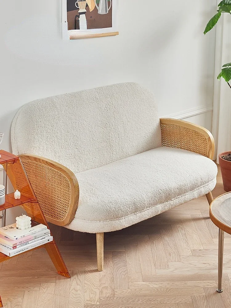 Nordic Mid-Ancient Massivholz Rattan Doppel Sofa Kleine Wohnung Hause Japanische Wohnzimmer Freizeit Stuhl Stoff