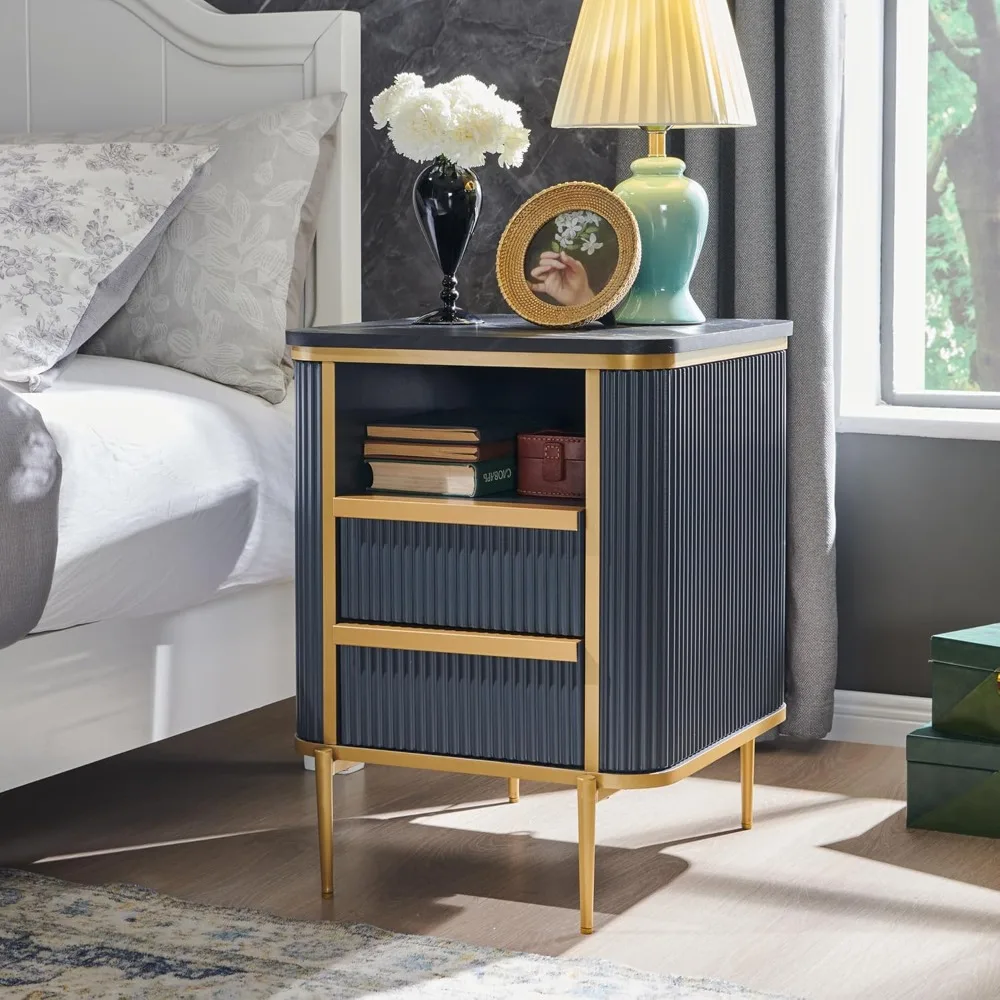 Fluted Nightstand, Bedside Table, End Table with Gold Accents, Fluted Fronts, Wood Night Stand with Charging Station, Sidetable