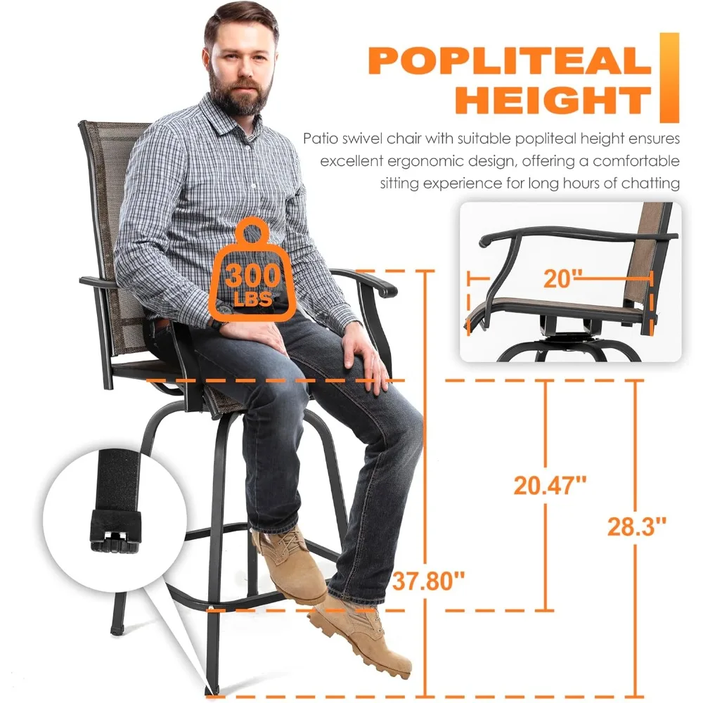 Patio Bar Set with Square Silk Screen Bar Height Glass Table and 4 Counter Textilene Height Swivel Chairs for Patio Yard,Outdoor