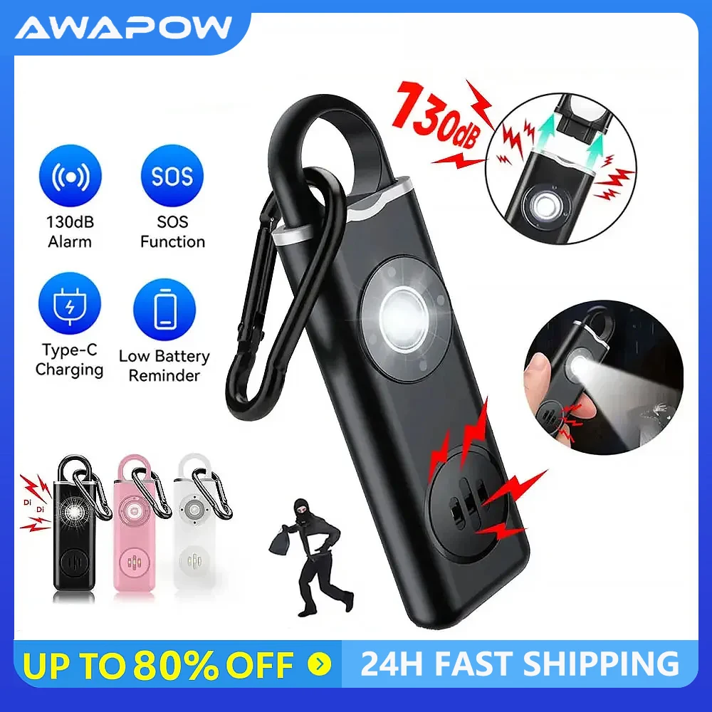 Awapow-Alarme de Défense Personnelle, 130db, avec Lumière LED, Rechargeable, Clé d'Alarme de Sécurité pour Femme, Urgence, Anti-Attaque