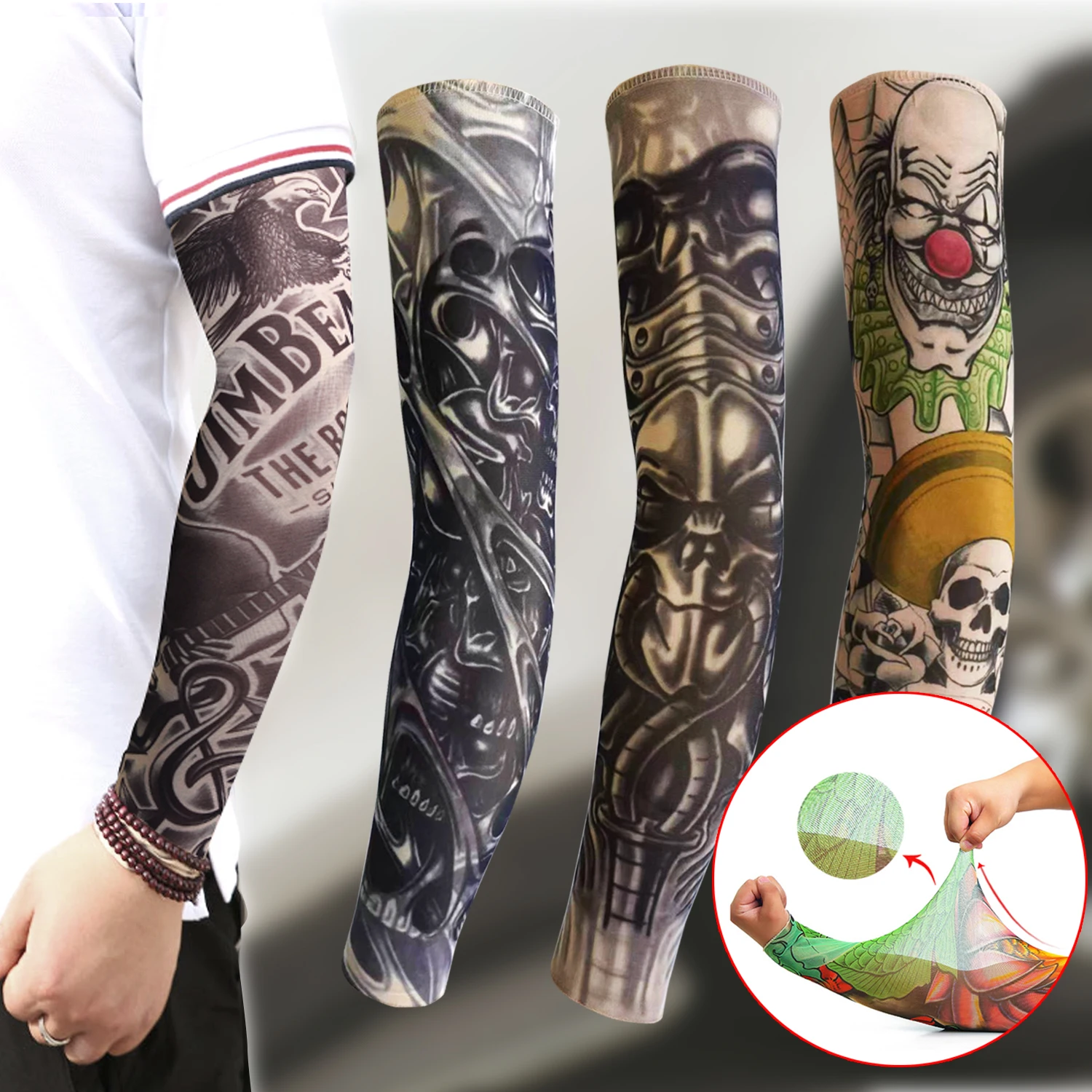 The simulation Tattoo Sleeves Tattoos Full Long Slip On Arm Tattoo Sleeve Kit Men Elastic 92% Nylon Tattoos black skull design