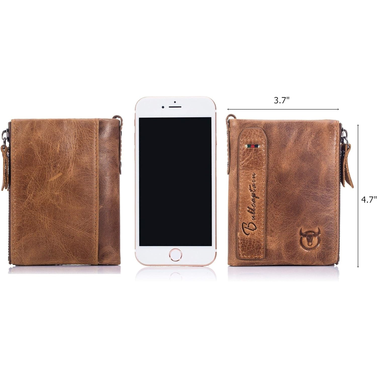 BULLCAPTAIN Genuine Leather Wallet for Men Vintage Bifold with Double Zipper Pockets