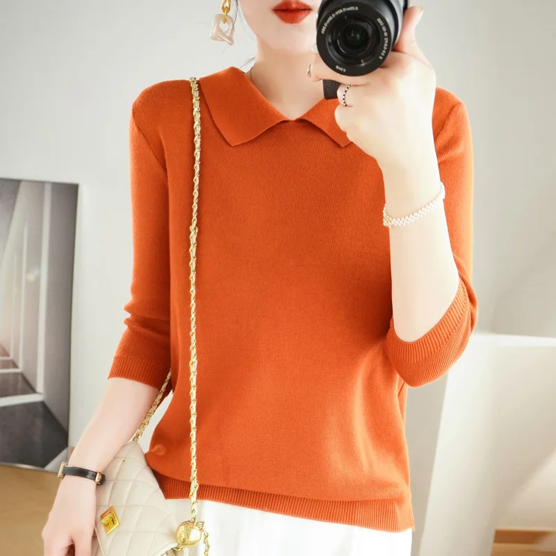 POLO Collar Women's Knitted Sweater Cashmere Blend Autumn And Winter New Solid Color Simple Inner Slimming And Age-reducing Top