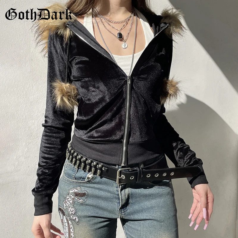 Goth Dark 90s Estetyczna miękka aksamitna bluza z kapturem Cyber Y2K Faux Collar Pocket Hooded Coats Women Slim Streetwear Gothic