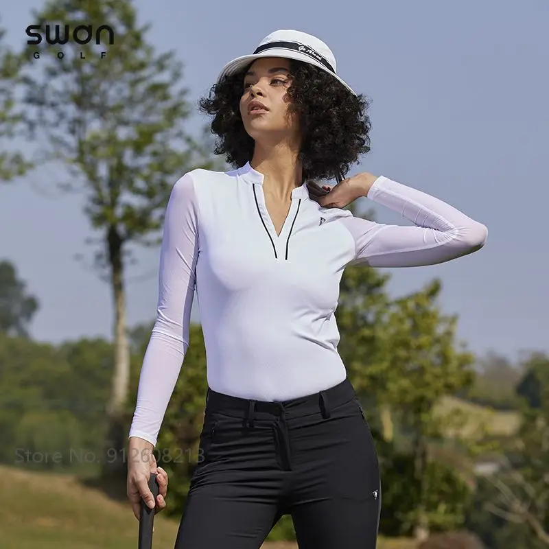 SG kaus Golf pendingin musim panas wanita, baju Golf lengan panjang Anti-uv, kaus kerah berdiri leher V untuk Olahraga