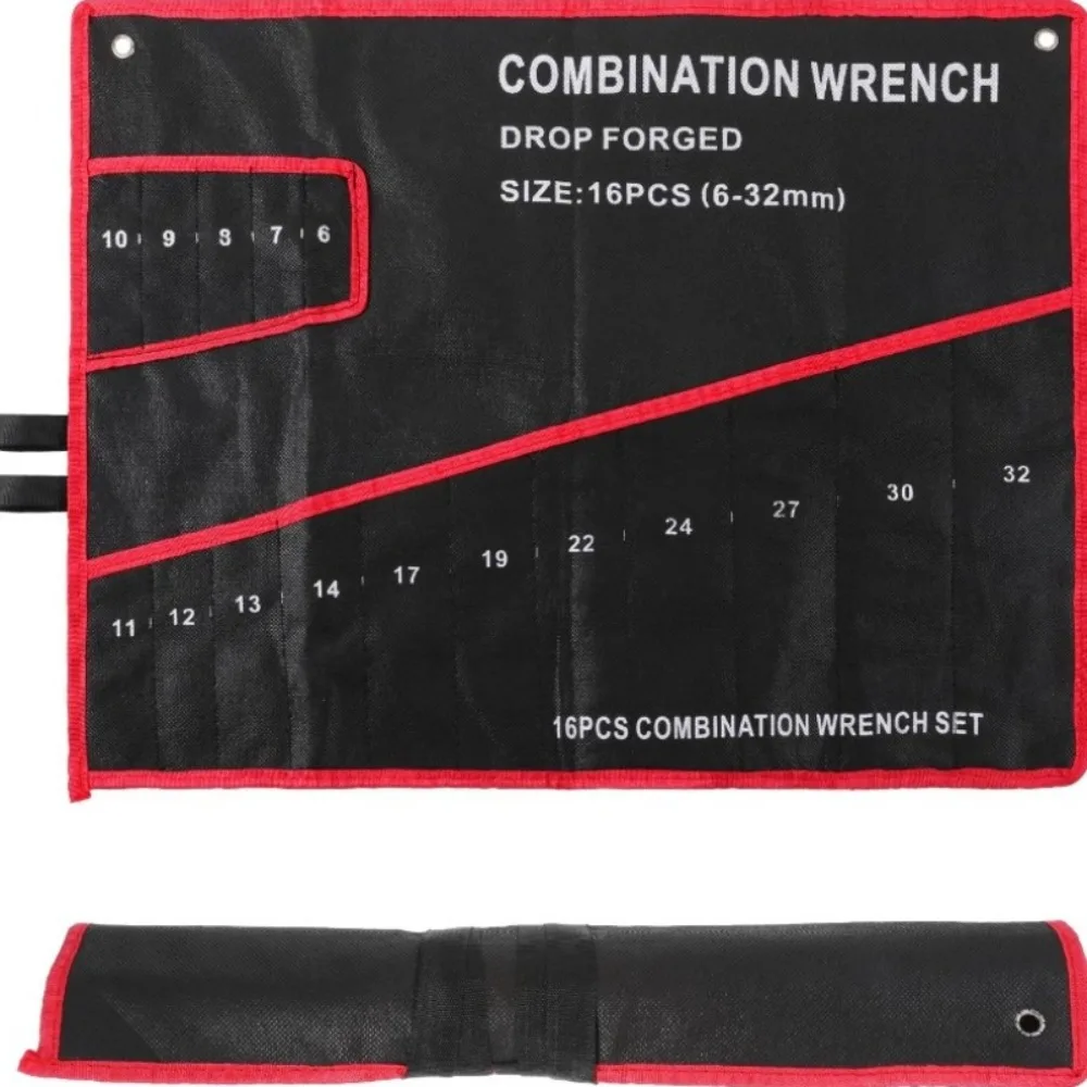 Bolsa de ferramentas preta de 16 bolsos com costura vermelha - organizador de chave compacta para mecânica e artesãos, zíper seguro e vários bolsos