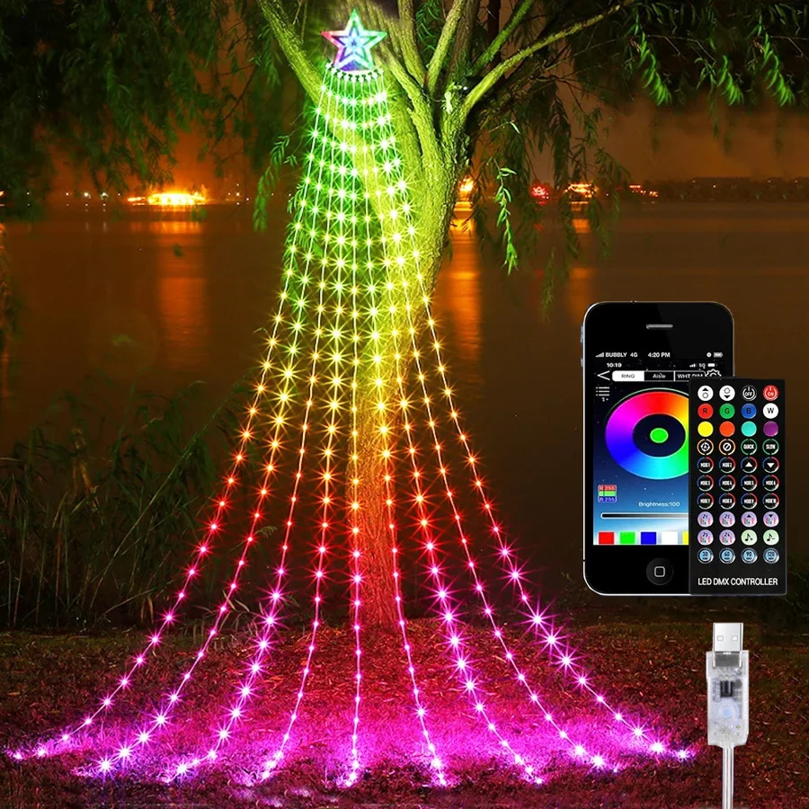 9x3m RGB Wasserfall Weihnachten Lichterkette 300 LED Stern hängen Stern Fee Eiszapfen Lichter für Party Hochzeit Terrasse Outdoor-Dekor