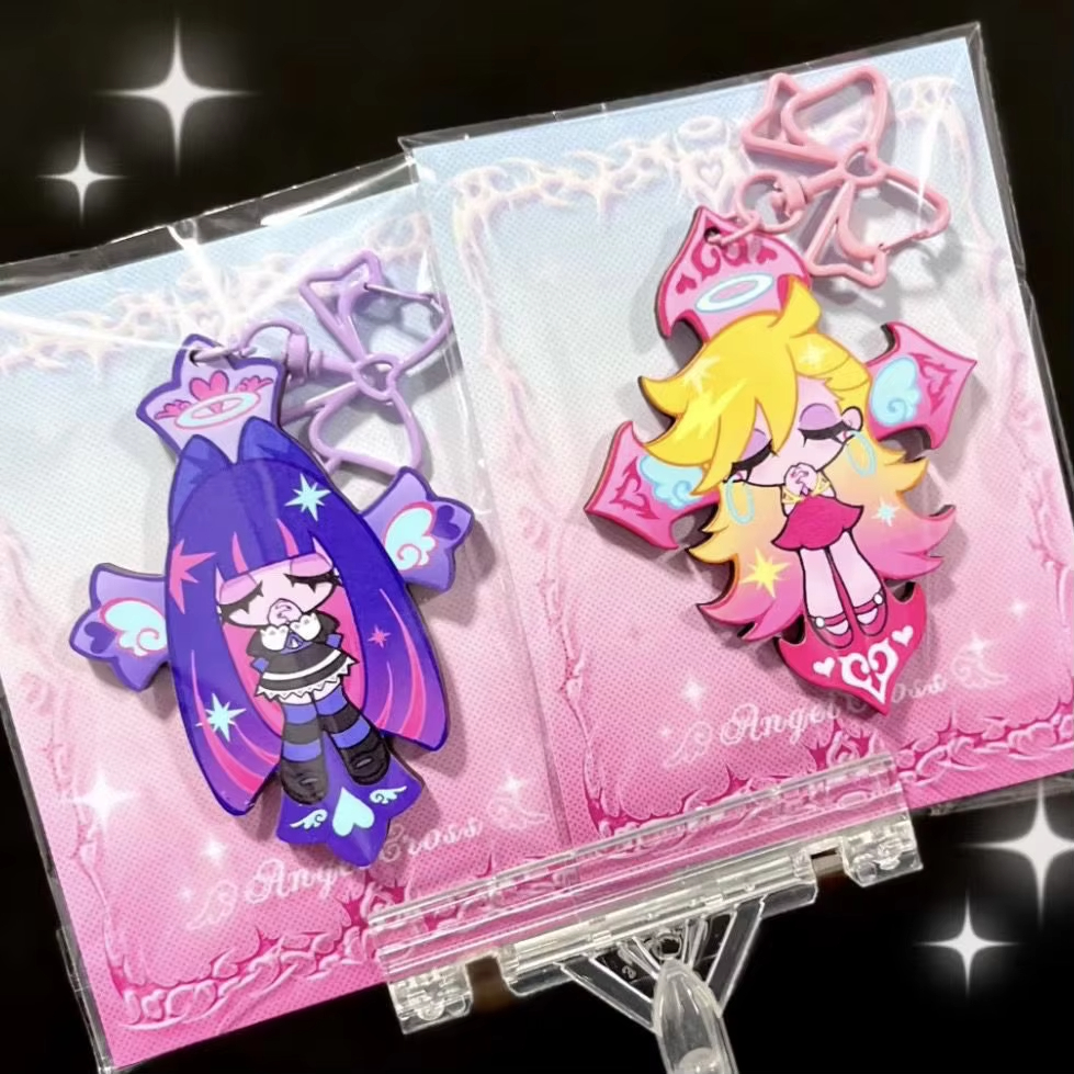 Anime Panty & Stocking with Garterbelt Bowknot KeyChain Kawaii Figure Acrylic Keyrings Backpack Pendant For Fans Christmas Gifts