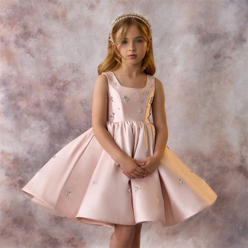 Kinder Prinzessin Satin Perlen Kristalle Blumenmädchen Kleid Kinder Erstkommunion Kleid Ballkleid Hochzeit Party Kleid Geburtstag Show