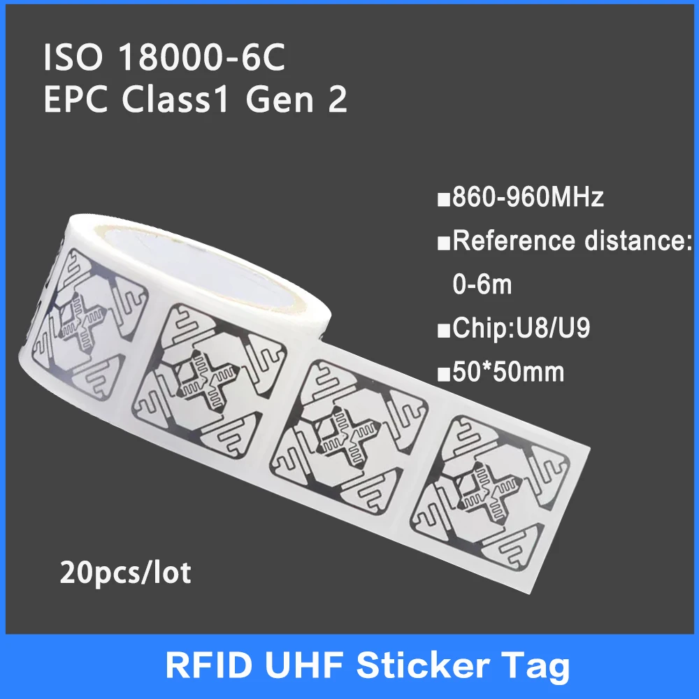 20 шт. UHF RFID-метка с мокрой инкрустацией 18000-6C 860-960 МГц RFID-наклейка UHF U8/U9 чип электронная этикетка 915 МГц высокое качество
