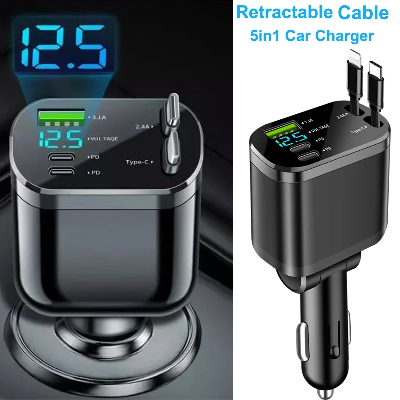NEW Upgraded Retractable Car Charger 5 in 1, 69W Fast Charging PD30W+2.4A Voltage Display Dual Cables for iPhone & Android