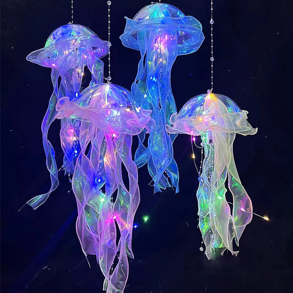 5PCS meduse camera da letto luce notturna lampada pulsante batteria appesa atmosfera decorazione lampada con nastro e perline per camera da letto ragazza 2024