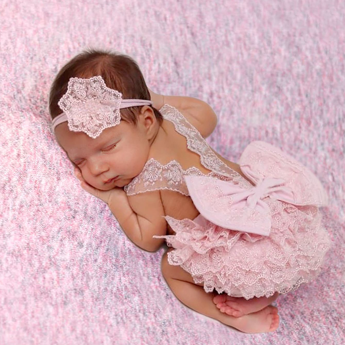 Ylsteed pasgeboren fotografie outfits grote strik baby kanten romper met haarband blauwe jarretelbroek foto-opname overall