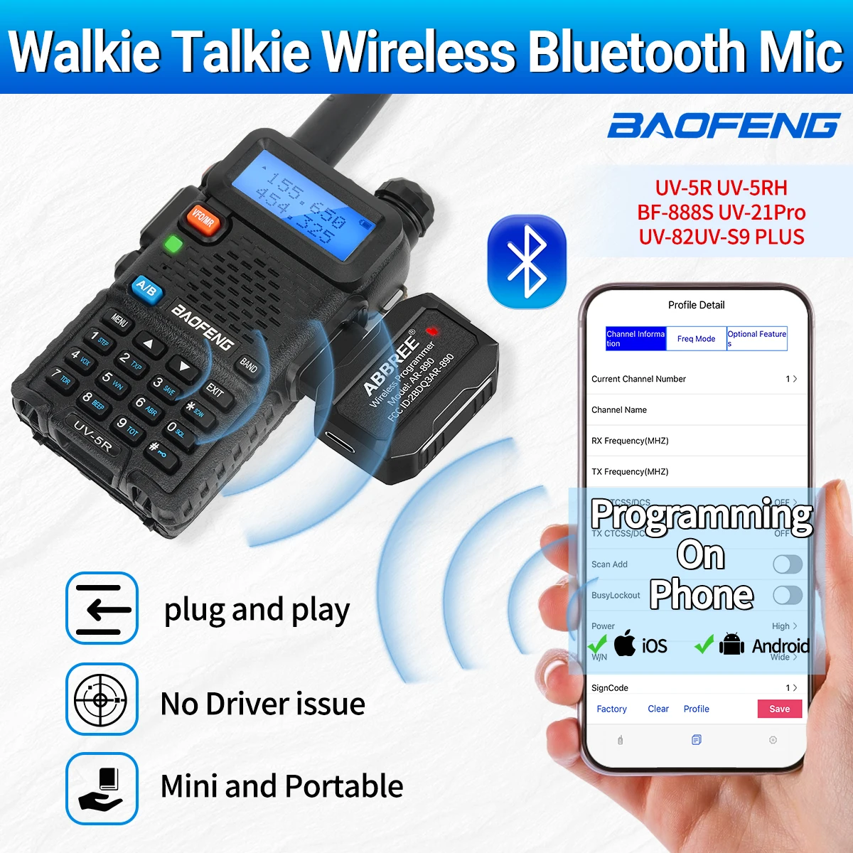 ABBREE programmeur sans fil Bluetooth pour talkie-walkie Plug & Play aucun numéro de pilote téléphone pour UV5R BF888S Quansheng UVK5