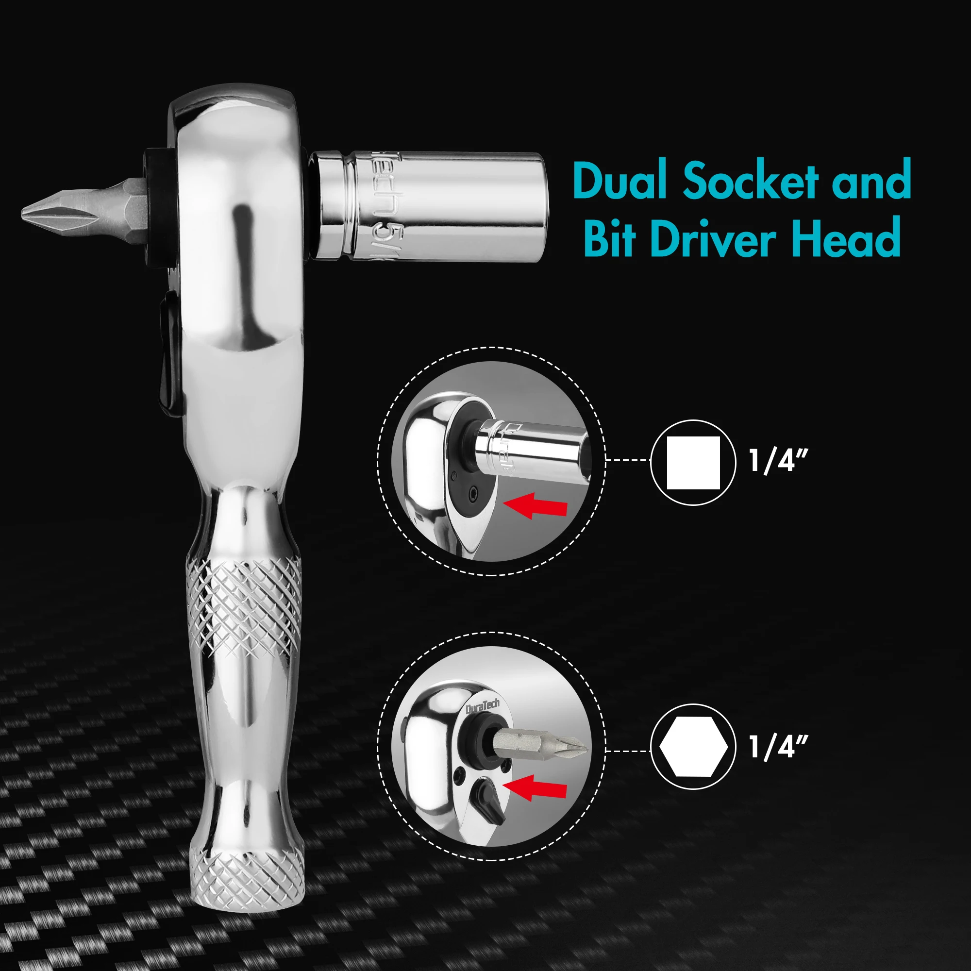 Duratech 2-in-1 Mini Dual Head Stubby Ratchet Handle 1/4'' Drive Finger Ratchet Spanner Two Screwdriver Bits Repair Hand Tool