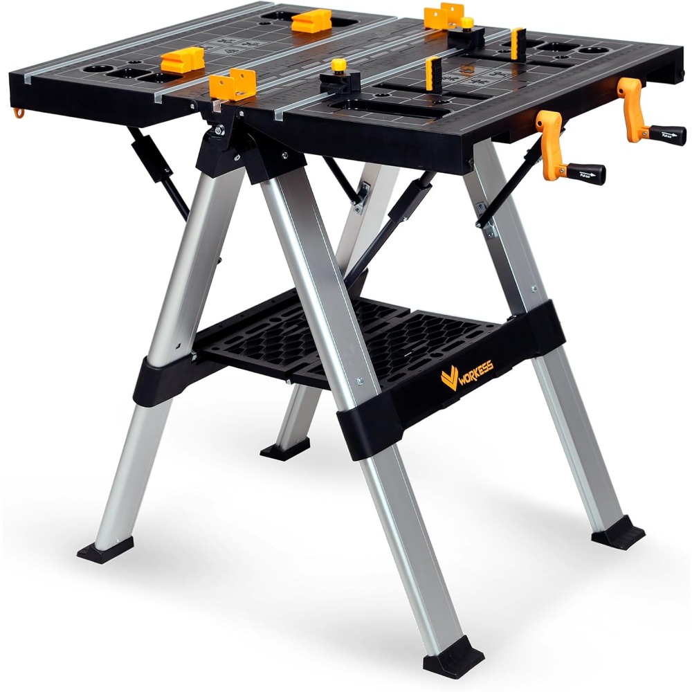 Portable Workbench & Sawhorse, 440Lbs/1000Lbs Capacity Heavy Duty Folding Work Table, 21.5"-32.5" Adjustable Height with Clampin