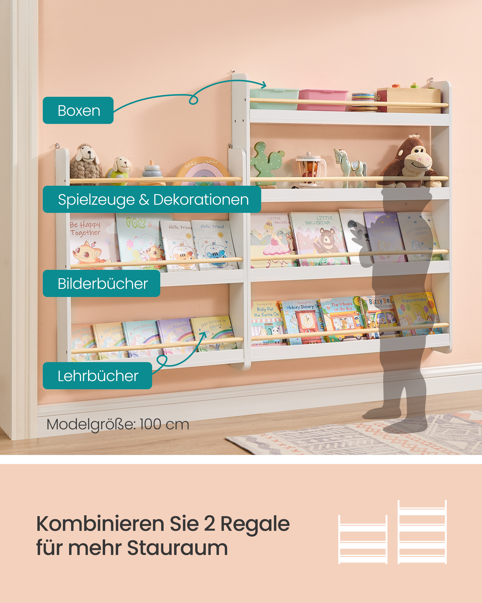 SONGMICS Kinderboekenplank 4-niveau speelgoed Plank KINDERENkamer Speelkamer