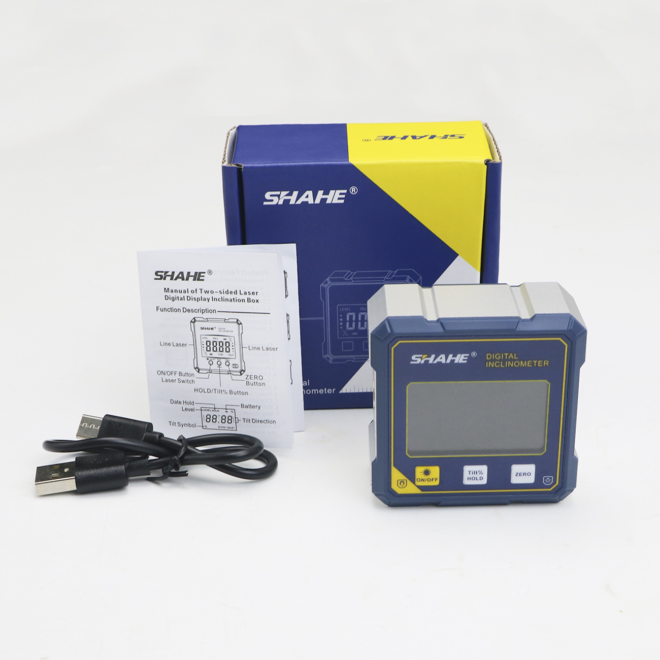 SHAHE Rechargeable Digital Angle Finder with Dual Laser- 4-Side Magnetic Inclinometer Woodworking Measuring Tool Level Box