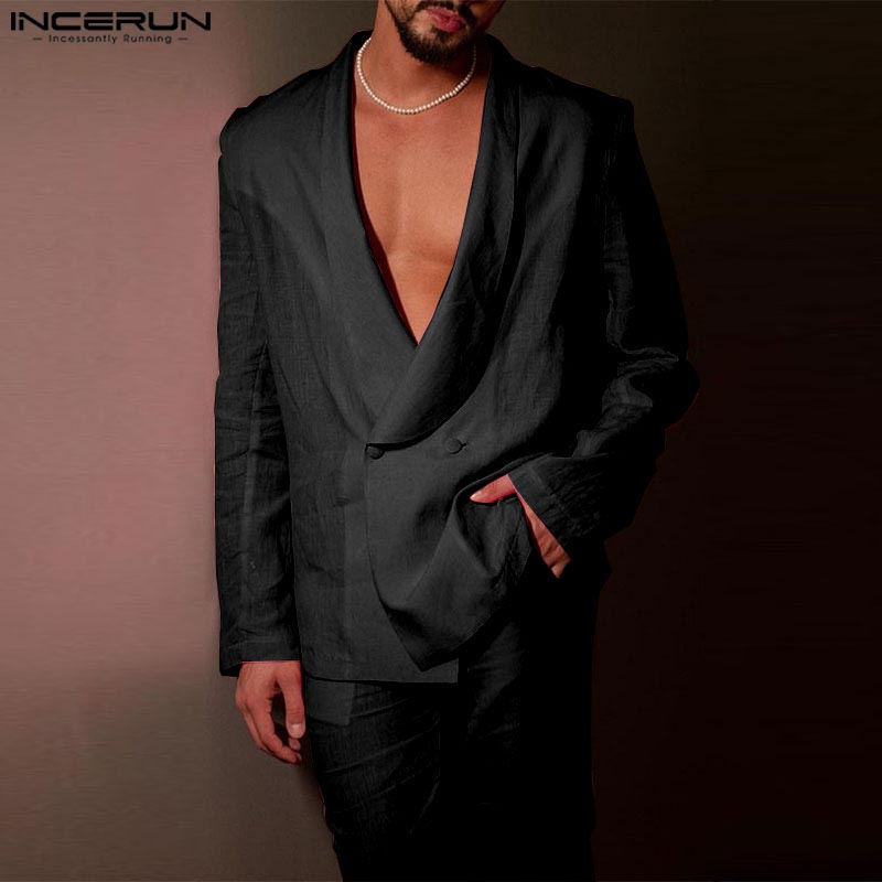 INCERUN Männer Einfarbig Hose Sets Casual 2PCS Outfits Langarm Tops Elastische Taille Tasche Hose Anzüge Sexy Elegante lose Anzüge