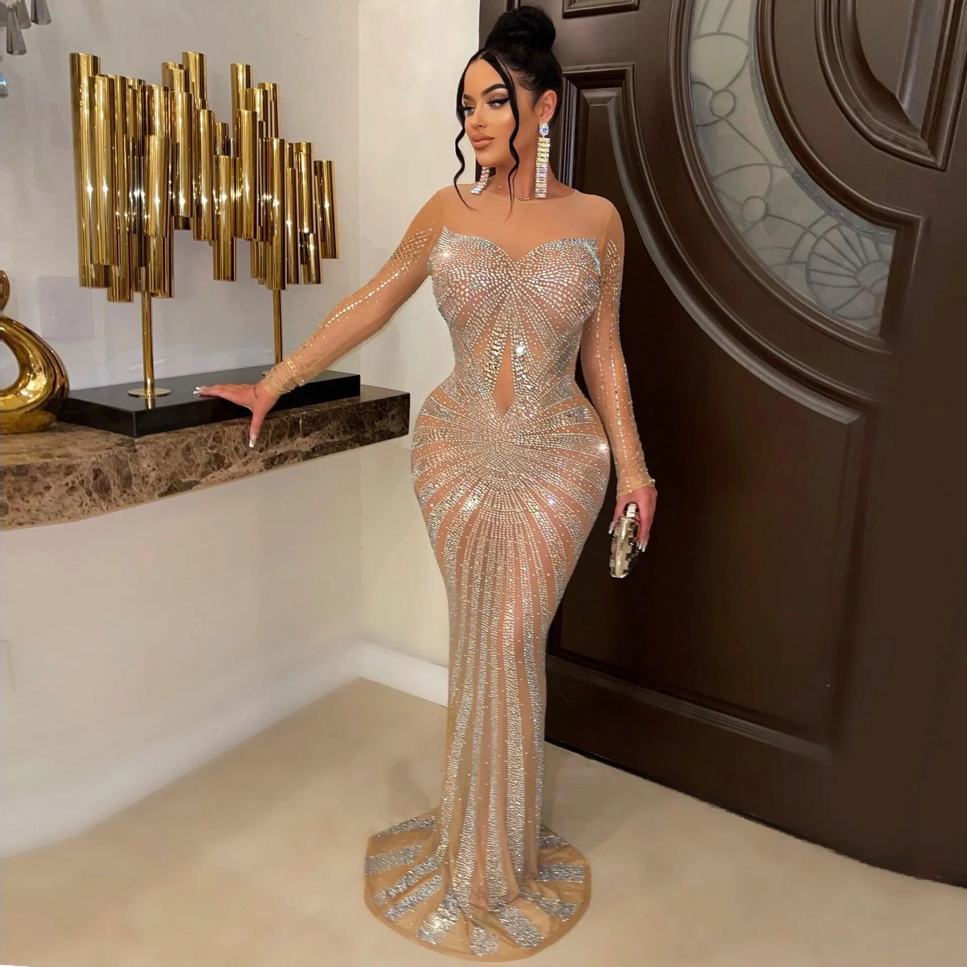 Maxivestido transparente de malla de cristal de diamantes de imitación para mujer, vestido Sexy de manga larga, ropa de noche de cumpleaños, ropa de discoteca, fiesta de boda Vestido largo de, nuevo