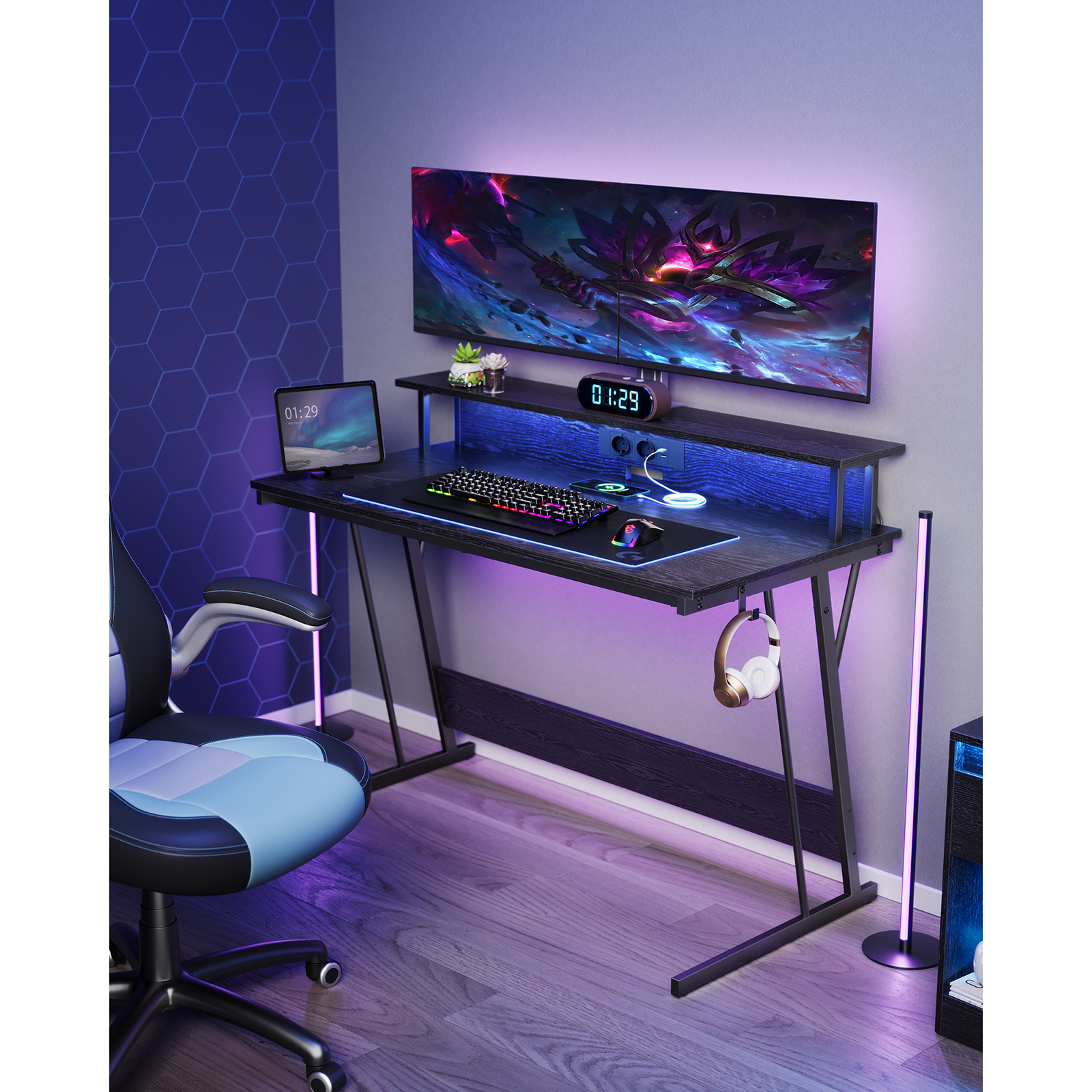 VASAGLE Bureau Gaming avec LED et Multiprise, Table Gamer, Bureau Informatique avec Rehausseur d’Écran, pour 2 Ordinateurs, pour Chambre, 60 x 120 x 76 cm