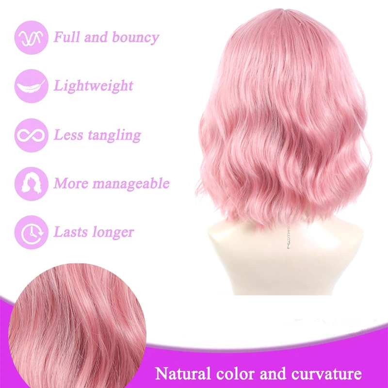 14 Polegada peruca rosa para mulheres curto ondulado pastel rosa perucas com renda comprimento do ombro parte média encaracolado peruca ondulada