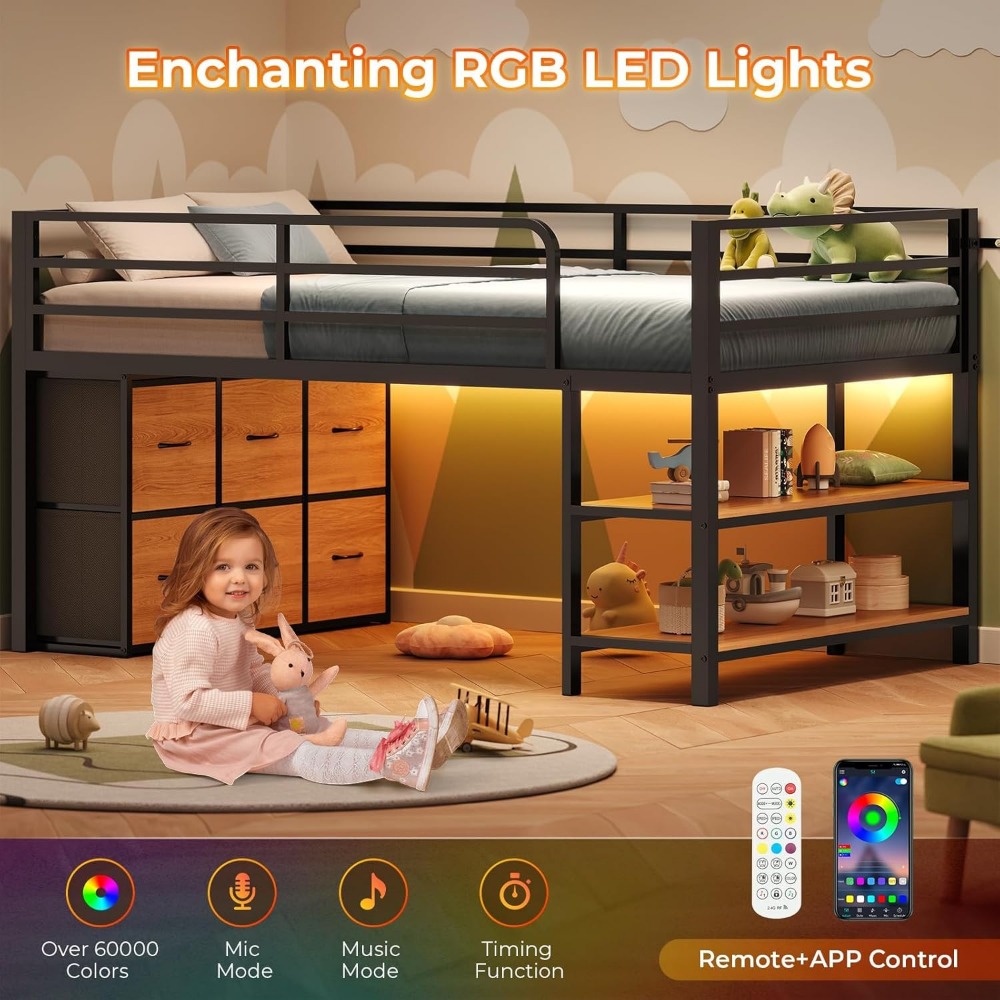 ADORNEVE Low Loft Bed with 6 Storage Drawers, Twin Loft Bed with LED Lights, Metal Loft Bed Twin Size with Open Storage Shelves,