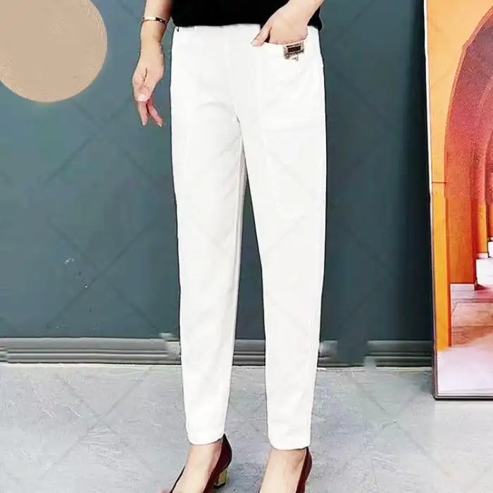Damen-Baumwollhose mit elastischem Bund, knitterfrei, entspannte Passform, gerade Beinhose, lässige, locker sitzende Hose