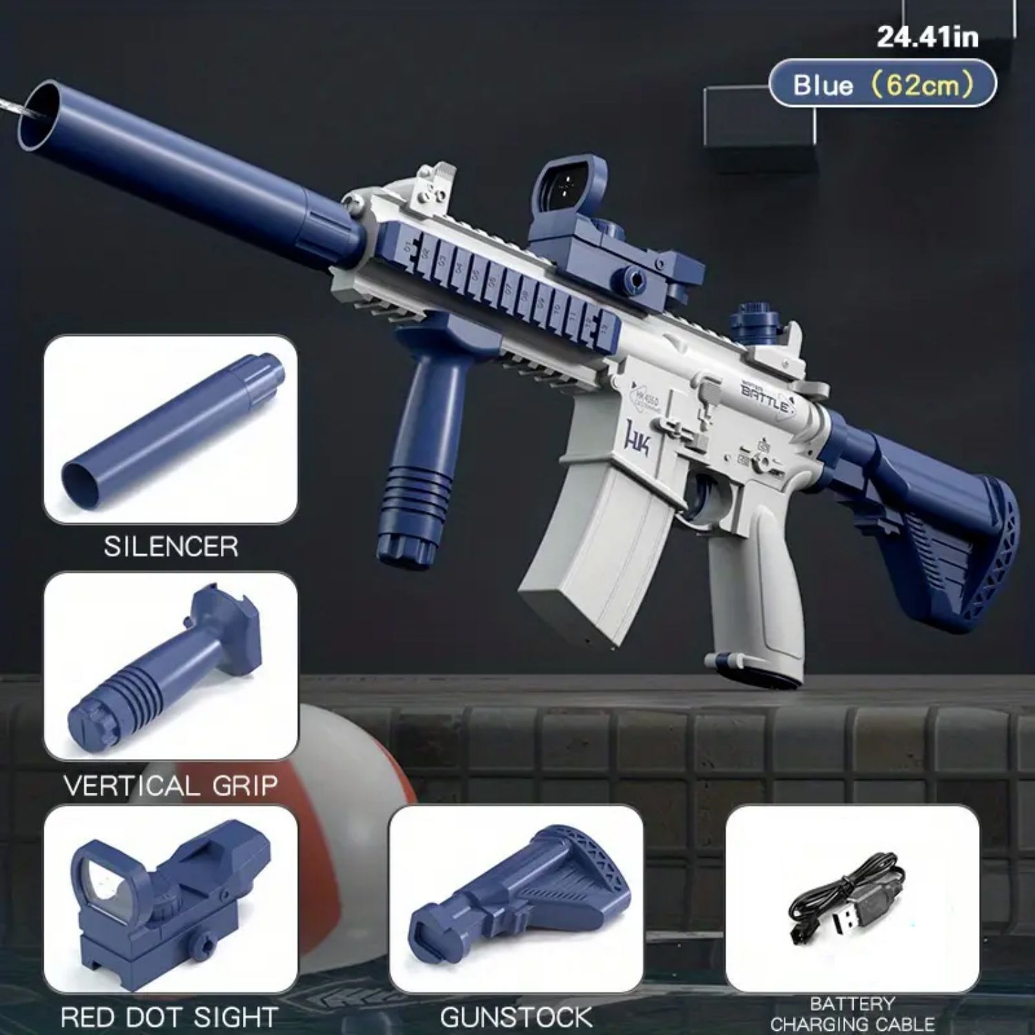 Unilabo M416 전기 물총 - 외부 물병 부착 장치로 배터리 구동 - 어린이 및 성인 야외 활동에 적합