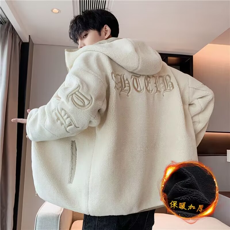 Jaqueta de Aodão com Capuz Forrada em Veludo de Cordeiro, Nova Jaqueta Masculina 2026, Estilo Solto e Moderno, Casaco de Al...