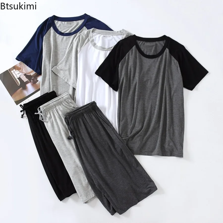 2025 Herren-Sommer-Pyjama-Sets aus Modal, O-Ausschnitt, Kurzarm-Tops und kurze Hosen, Heimkleidung, lockere, weiche Colorblock-Nachtwäsche-Sets für Herren