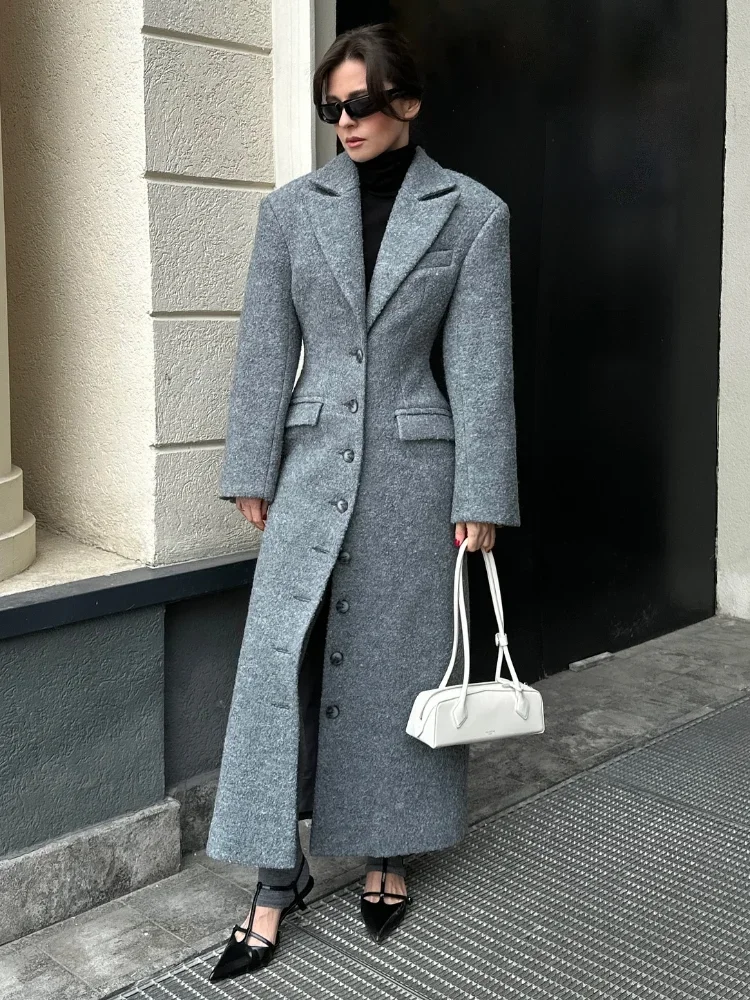 Mode Taille Cinching Woolen Lange Mäntel Für Frauen Revers Langarm einreiher Schulter Pad Mantel Neue Dame Pendler outwear