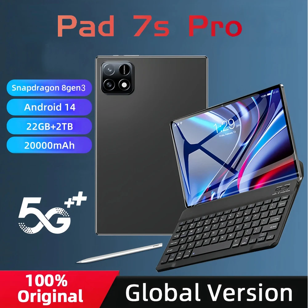 Nieuwe Pad 7S Pro Originele Global Edition Tablet PC Snapdragon 8 gen3 Tab Android 14 HD 22 GB + 2 TB Tabletten 5G Dual SIM WIFI 20000 mAh