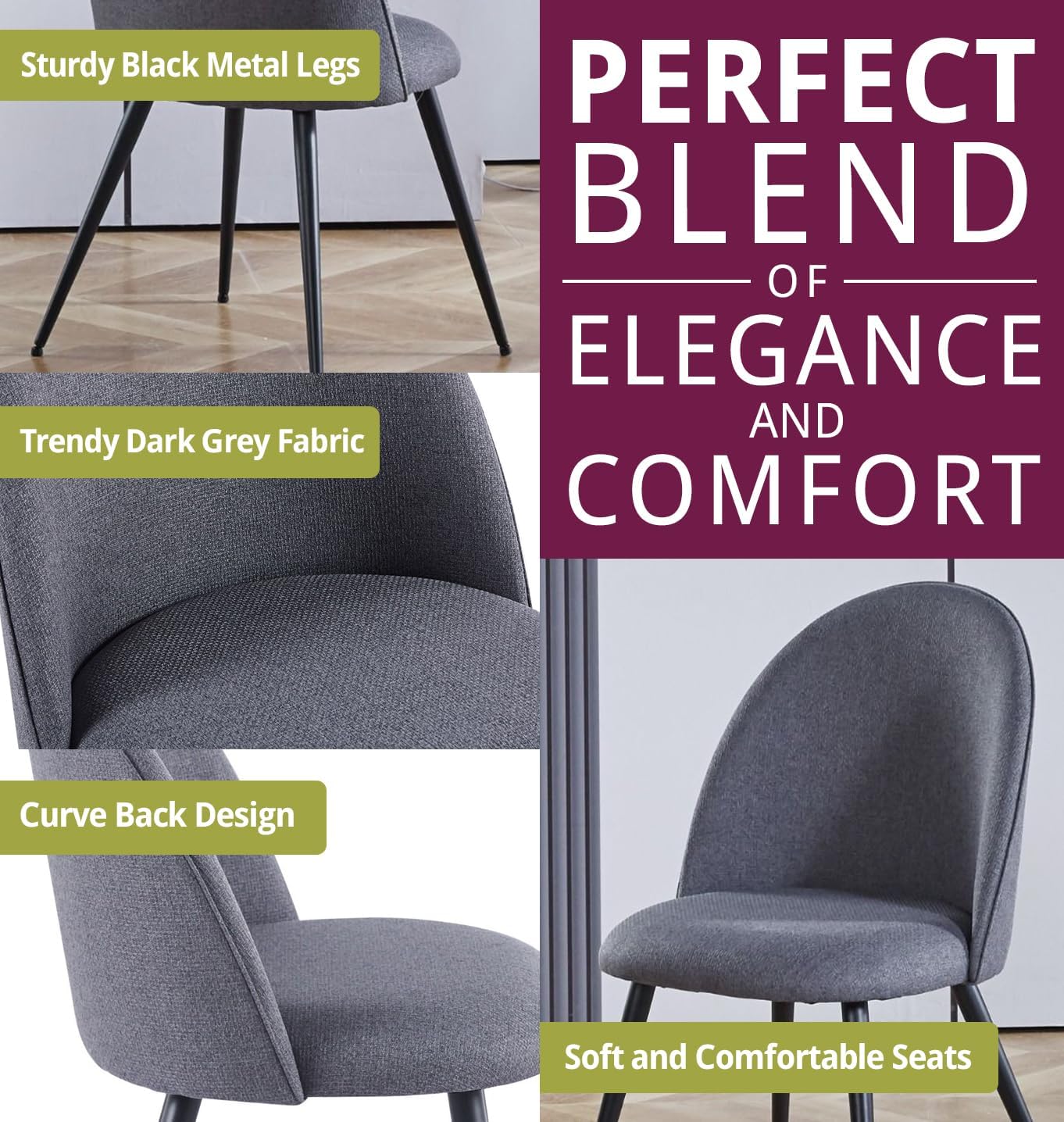 Furniture Dining Chairs Set of 2, Upholstered Fabric Dining Chairs with Metal Legs, Scandinavian Chairs, Curved Back Modern