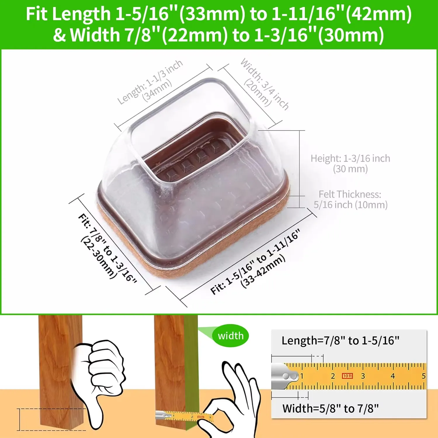 8 pezzi tappi per pavimenti in silicone per gambe di sedie protezioni rettangolari con copri piedi in feltro tappi terminali larghezza 22-32 mm per tavolo in legno duro
