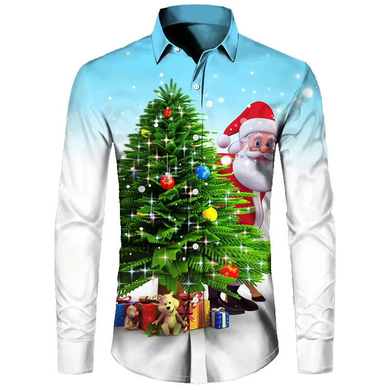 Camisa clásica con elementos de nieve navideños, camisa estampada de manga larga para hombre, camisa informal de moda, transpirable y cómoda para hombre
