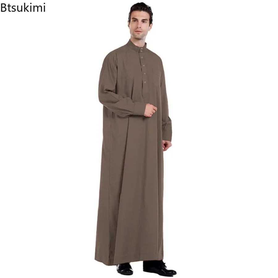 2025 イスラム教徒のファッションアバヤ男性のための無地長袖カフタンスタンドカラーローブトーブ Jubba Dishdasha Thawb イスラム服